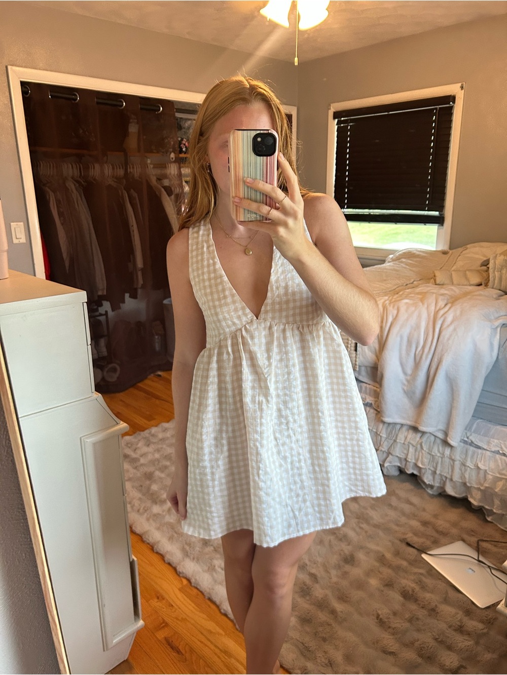 Sleeveless Light Beige Gingham V-Neck Mini Dress